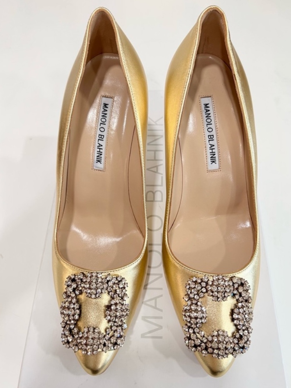 Manolo Blahnik Gold Leather Hangisi 70 Crystal Buckle Pump